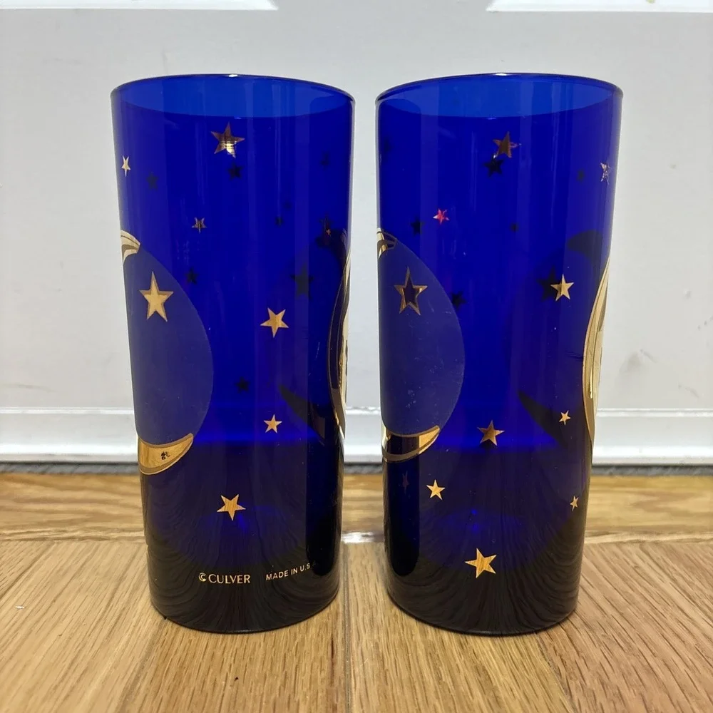 Culver Cobalt Blue Glass Celestial Sun Moon & Stars Glasses 22K Gold - Set Of 2